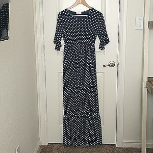 Orange Creek formal navy polka dot ruffle hem maxi dress
